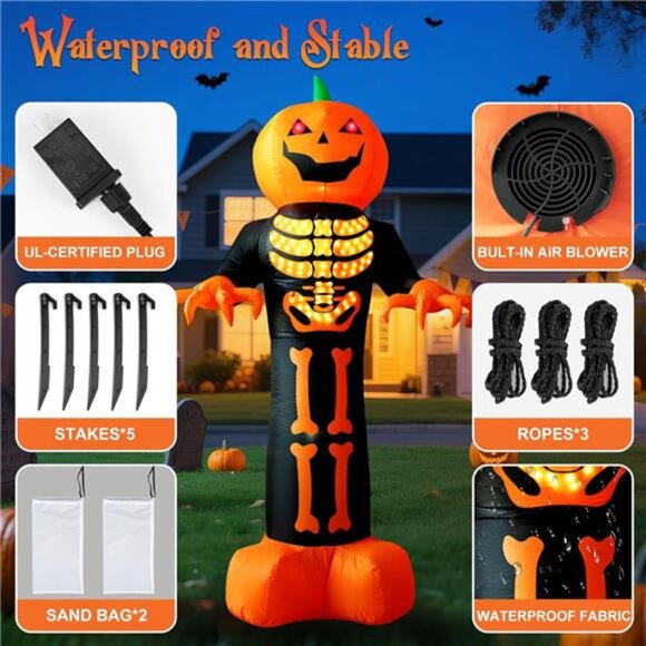 8 FT Halloween Inflatables Pumpkin Reaper Ghost with Magic Lightshow Bones - Picture 3 of 6